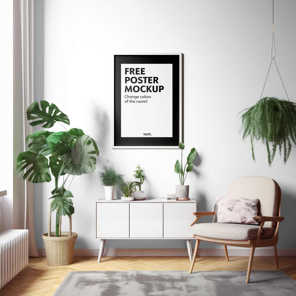 blank black and white poster, hanging framed on a wall in a modern living room